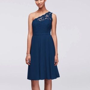 David’s Bridal one shoulder lace bodice marine blue dress
